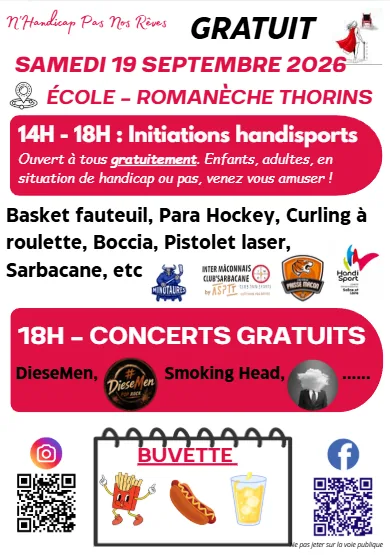 L'affiche de la Journée Handisport Découverte du samedi 19 septembre 2026 : initiations handisports gratuites de 14 h à 18 h, concerts gratuits à partir de 18 h