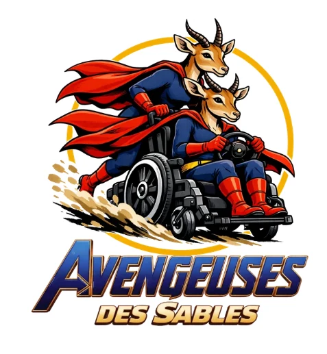 Le logo des Avengeuses des sables : deux gazelles à la cape rouge dans un fauteuil tout-terrain qui soulève le sable