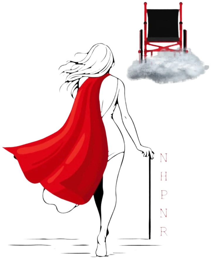 Le logo de N'handicap pas nos rêves : une femme à la cape rouge marche avec sa canne vers un fauteuil roulant posé sur un nuage